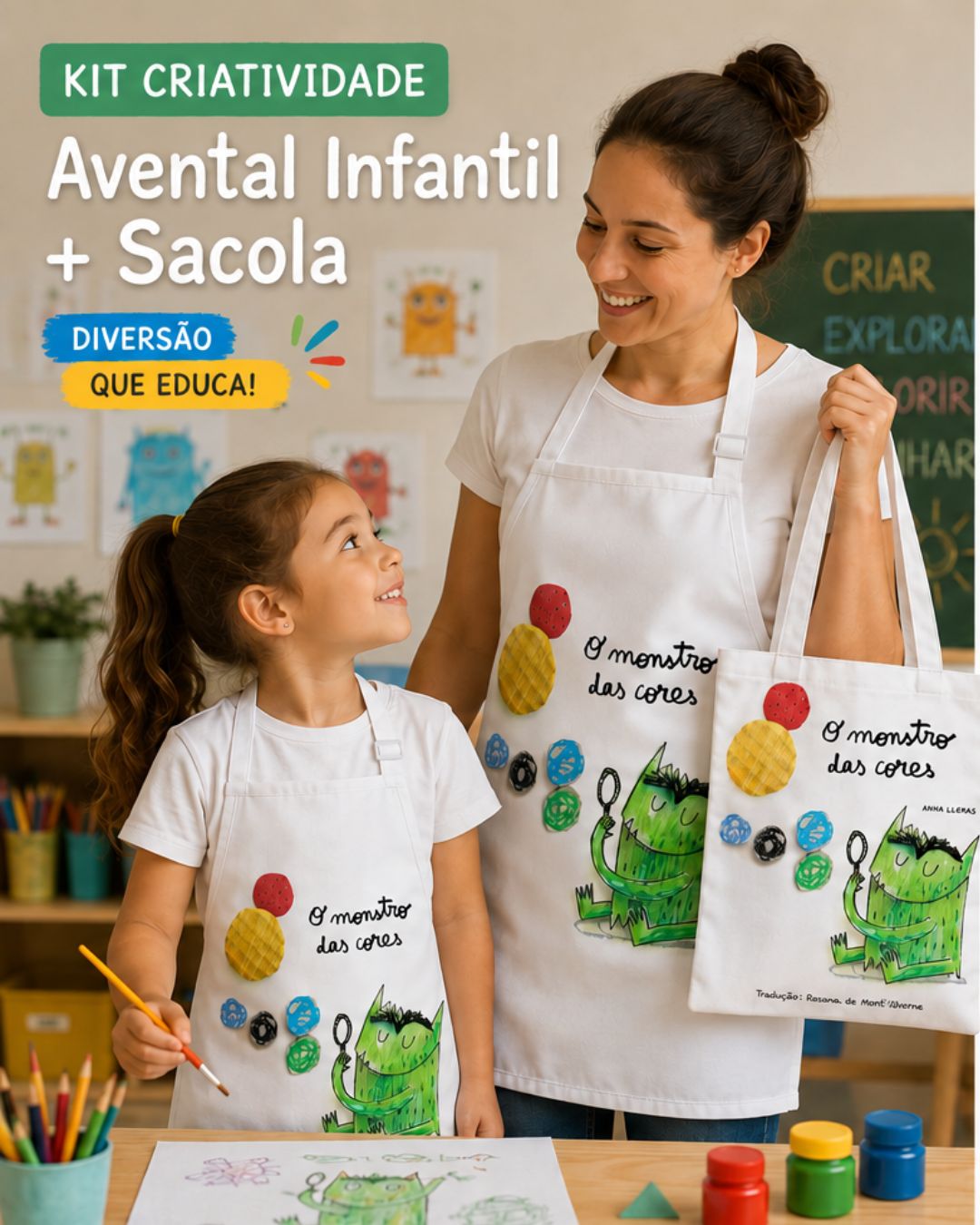 Kit Infantil Personalizado O Monstro das Cores – Avental + Camiseta + Sacola | Educativo e Criativo - Imagem 2