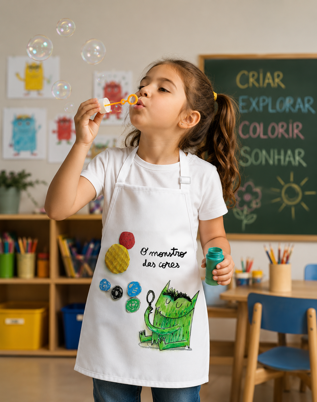 Kit Infantil Personalizado O Monstro das Cores – Avental + Camiseta + Sacola | Educativo e Criativo - Imagem 4