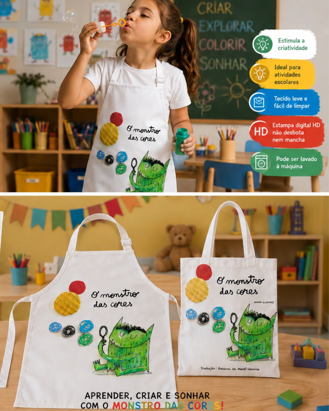 Kit Infantil Personalizado O Monstro das Cores – Avental + Camiseta + Sacola | Educativo e Criativo - Imagem 5