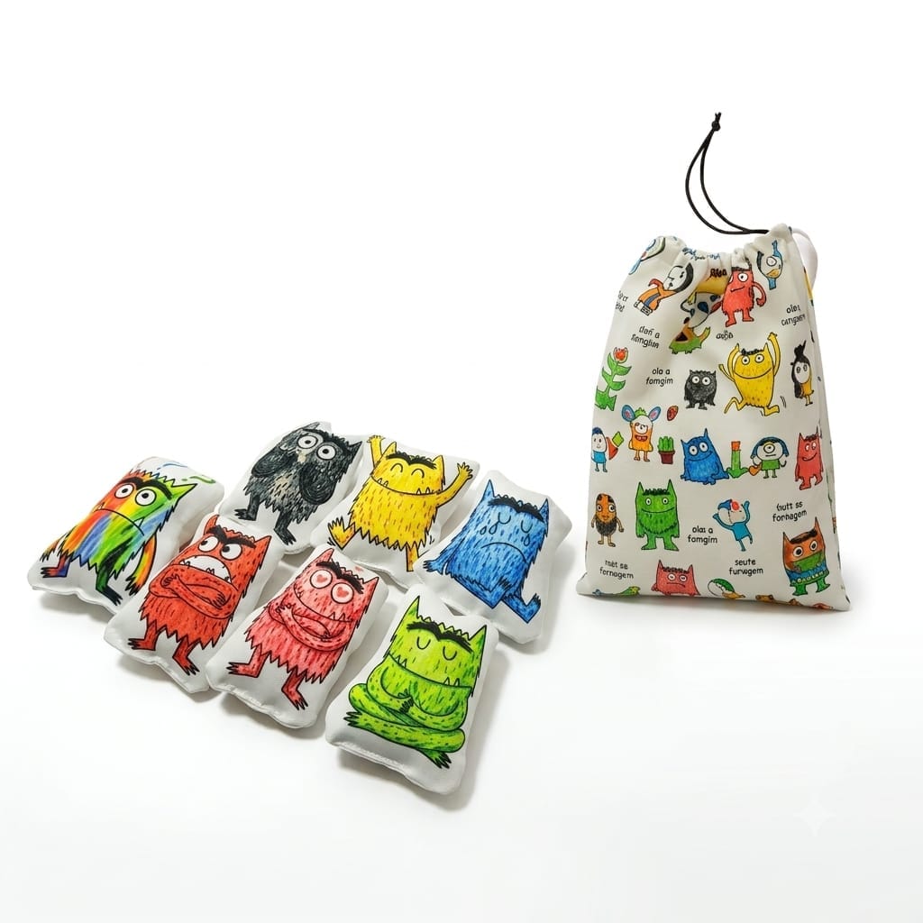 Kit 7 Monstrinhos das Emoções em Tecido + Saco de tecido – Recurso Pedagógico para Educação Emocional