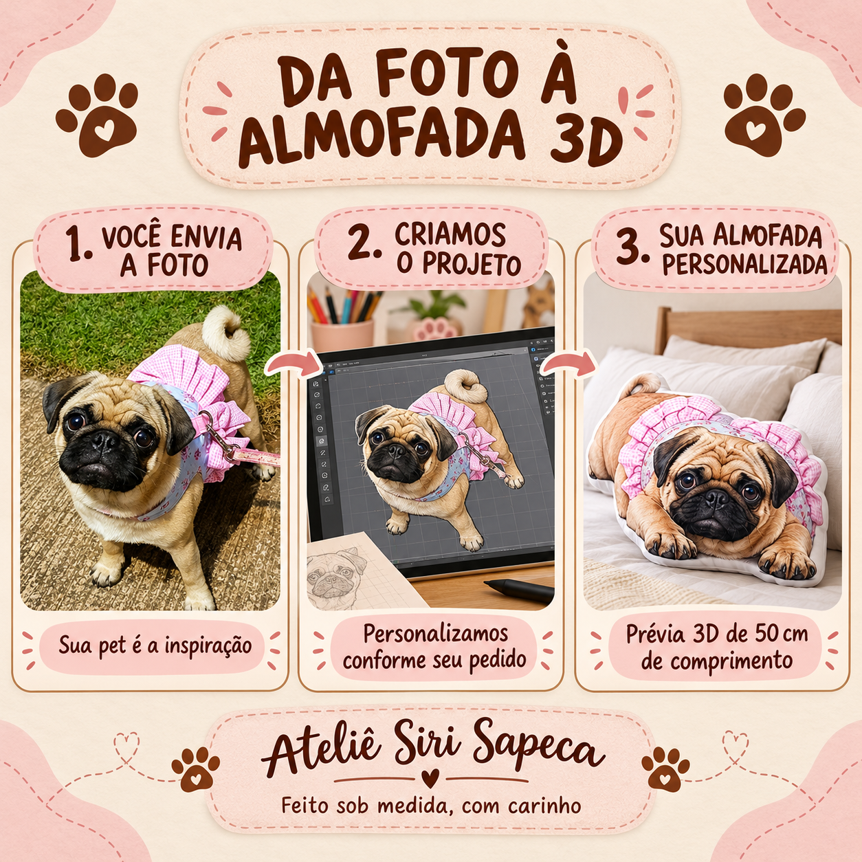 Almofada 3D Pet Personalizada com Foto – 50cm (Com Zíper e Forro Lavável)