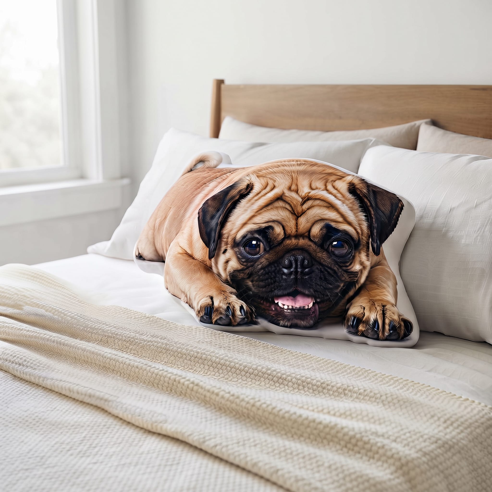 Almofada 3D Pet formato de cachorrinho Pug personalizada com foto da Siri Sapeca